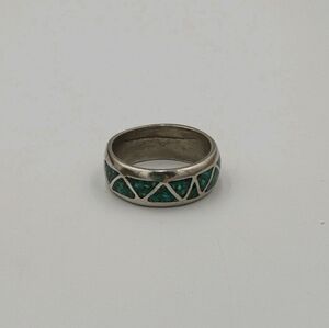 Vintage Unisex TURQUOISE CHIP INLAY BAND STERLING SILVER RING Size 11